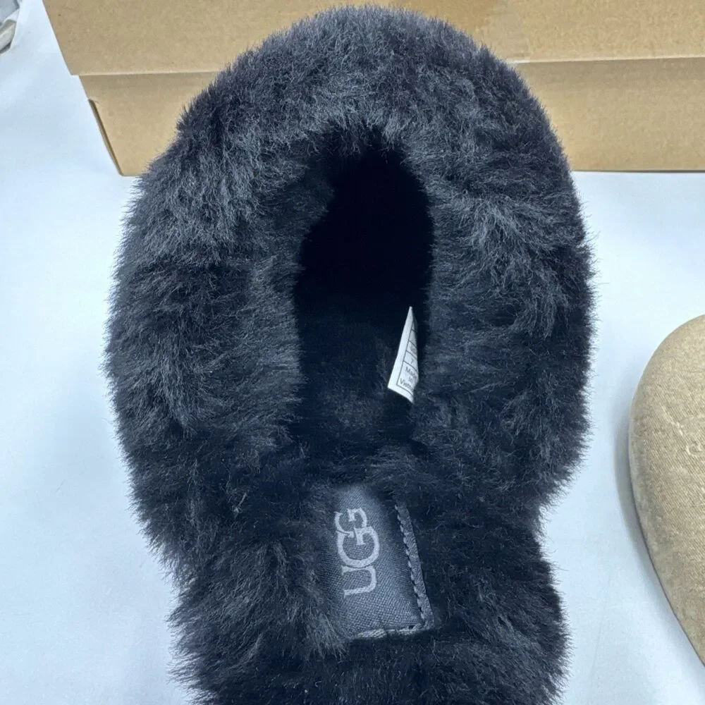 UGG Disquette Black Suede Fur Cuff Slide Platform Slipper Shoes Size 7 Women New